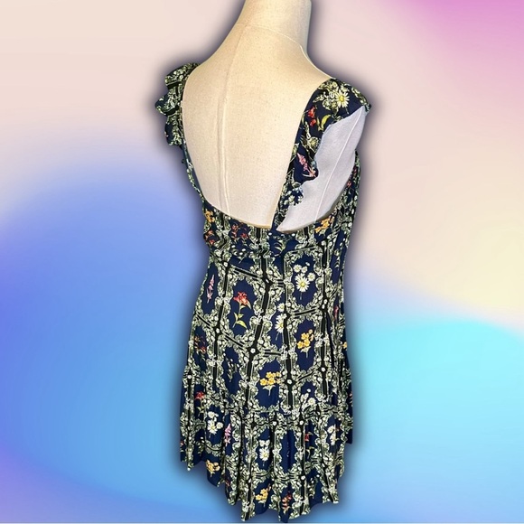 Agua Bendita for Target Navy Blue Floral Tile Print Ruffled Mini Dress Size S - Picture 14 of 16